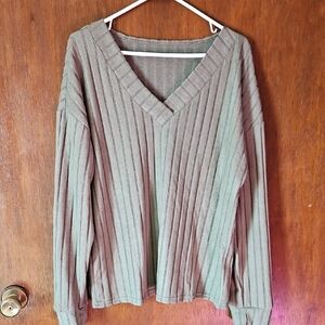 Green V-Neck Ribbed Sweater